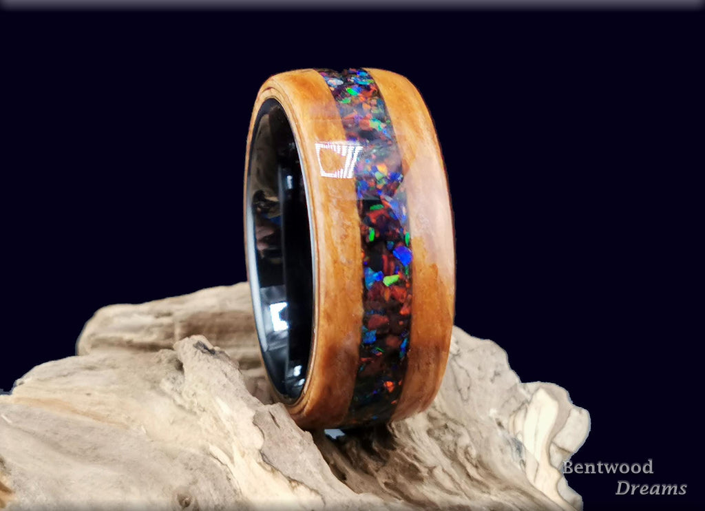 Bentwood Ring: Eucalyptus Burl, inlaid Multi-Opal, black ceramic  core, Quick Ship