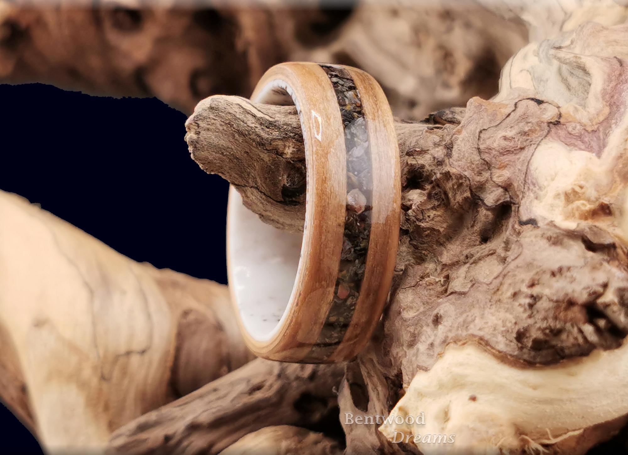 Bentwood Ring: Red Gum, inlaid Allosaurus Bone, Deer Antler core
