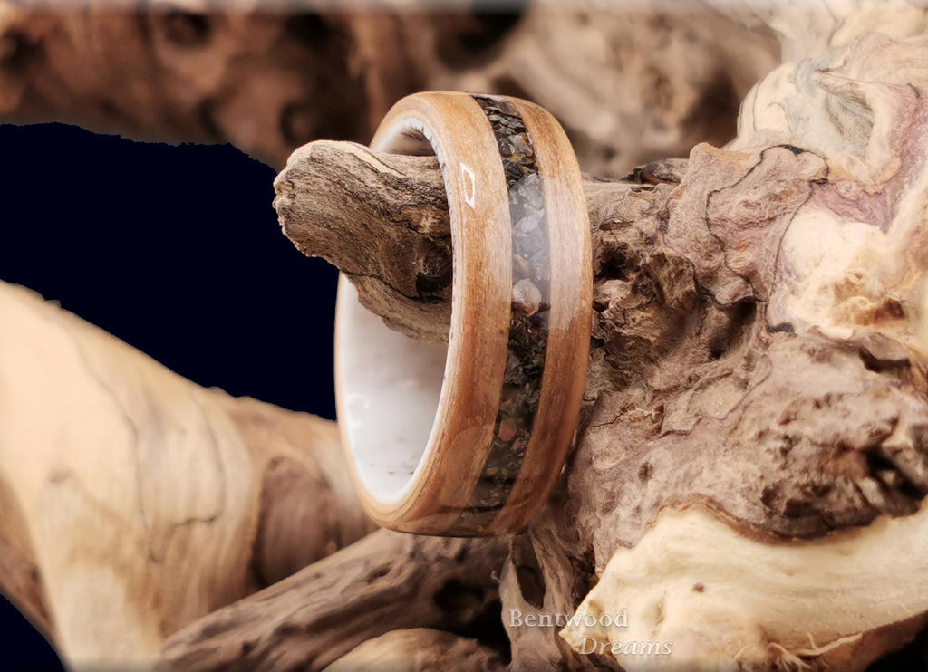 Bentwood Ring: Red Gum, inlaid Allosaurus Bone, Deer Antler core, Quick Ship