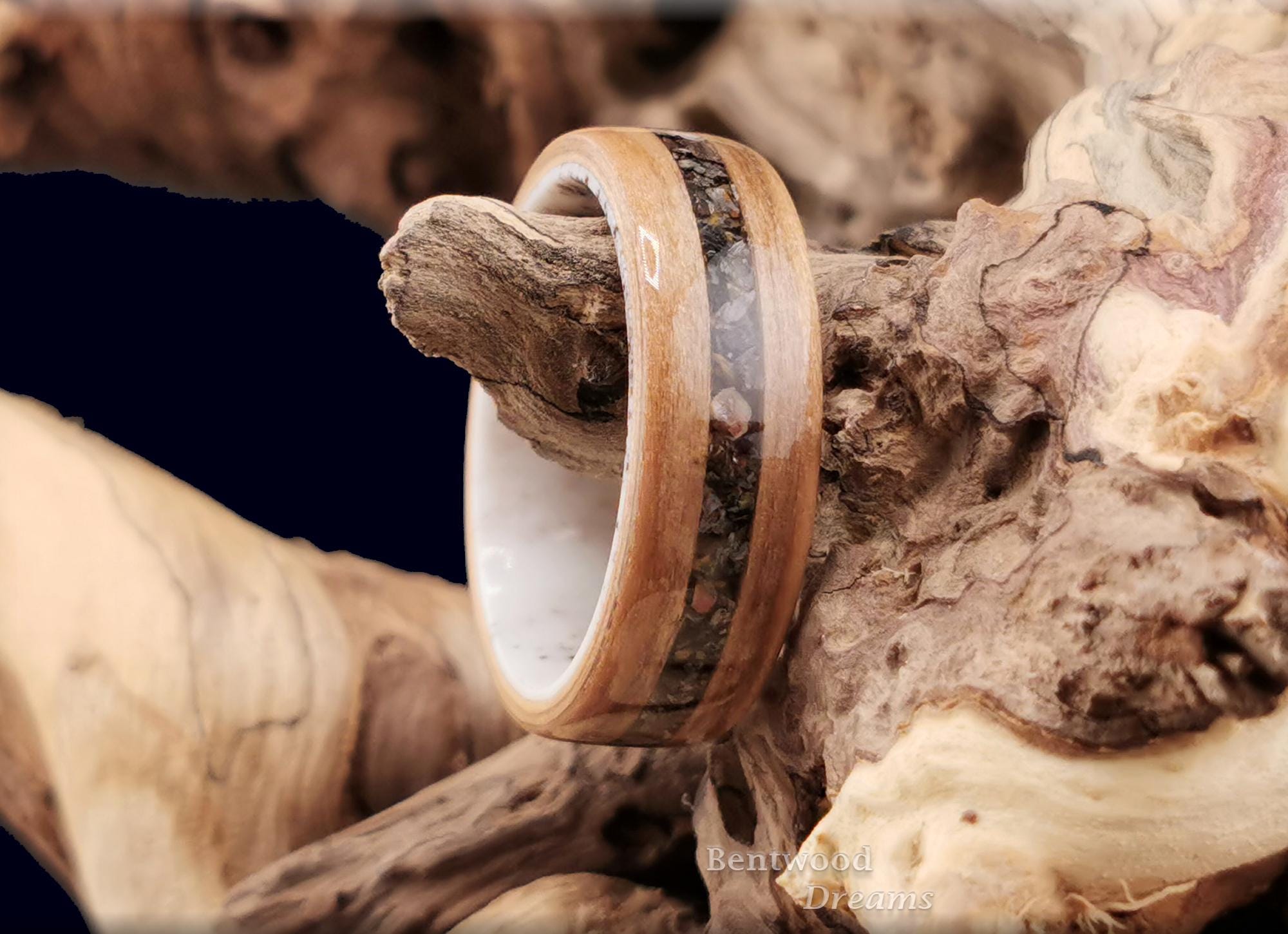 Bentwood Ring: Red Gum, inlaid Allosaurus Bone, Deer Antler core, Quick Ship