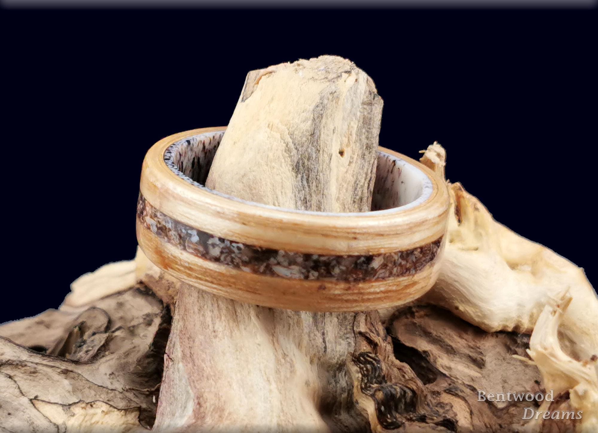 Bentwood Ring: Olive Ash, inlaid Brontotherium Bone, Deer Antler core