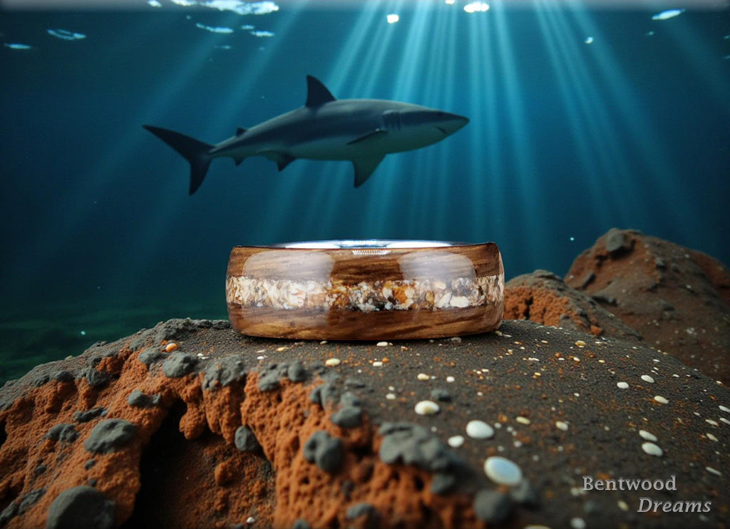 Bentwood Ring: Smoked Red Oak, inlaid Megalodon Tooth, Polished Tungsten Carbide Core, Quick Ship