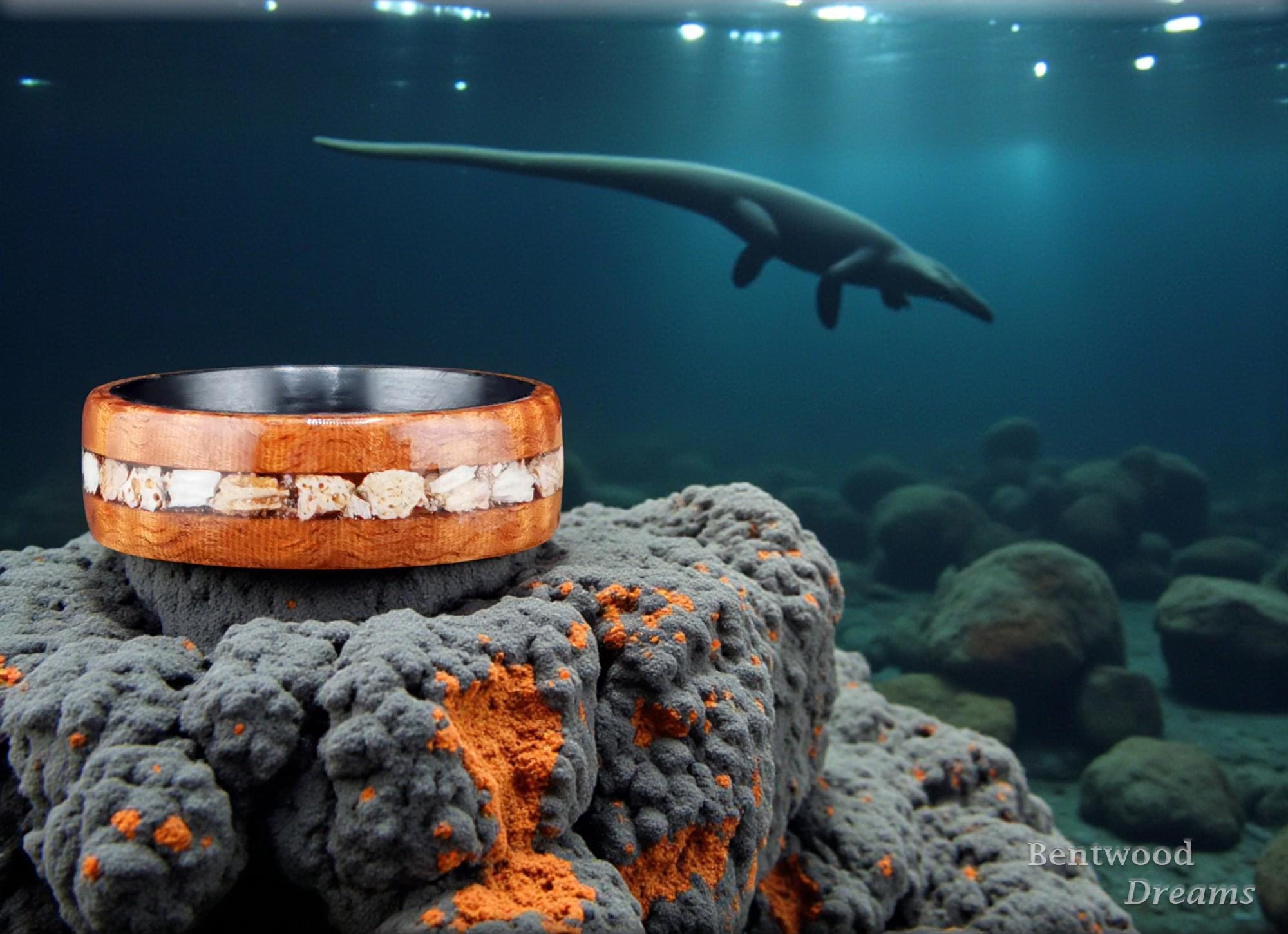 Bentwood Ring: Fiddleback Kotibe, inlaid Plesiosaurus Bone, Carbon Fiber core, Quick Ship