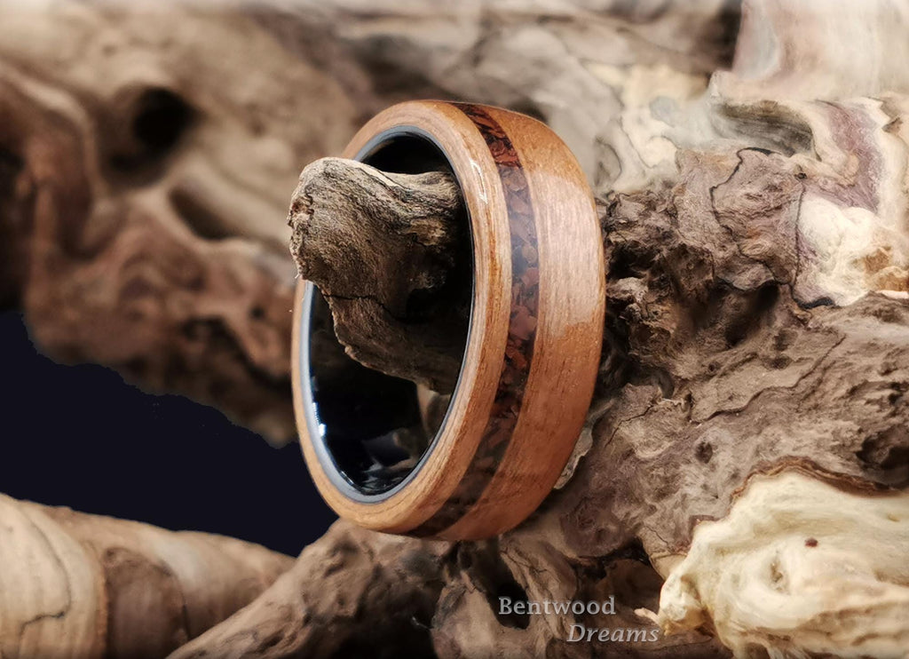 Bentwood Ring: Figured Cherry, offset inlaid Mahogany Obsidian, Polished Black Ceramic core, wood ring
