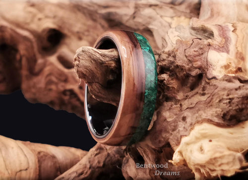 Bentwood Ring: Black Walnut, live edge inlaid Malachite, polished Black Ceramic core, wood ring