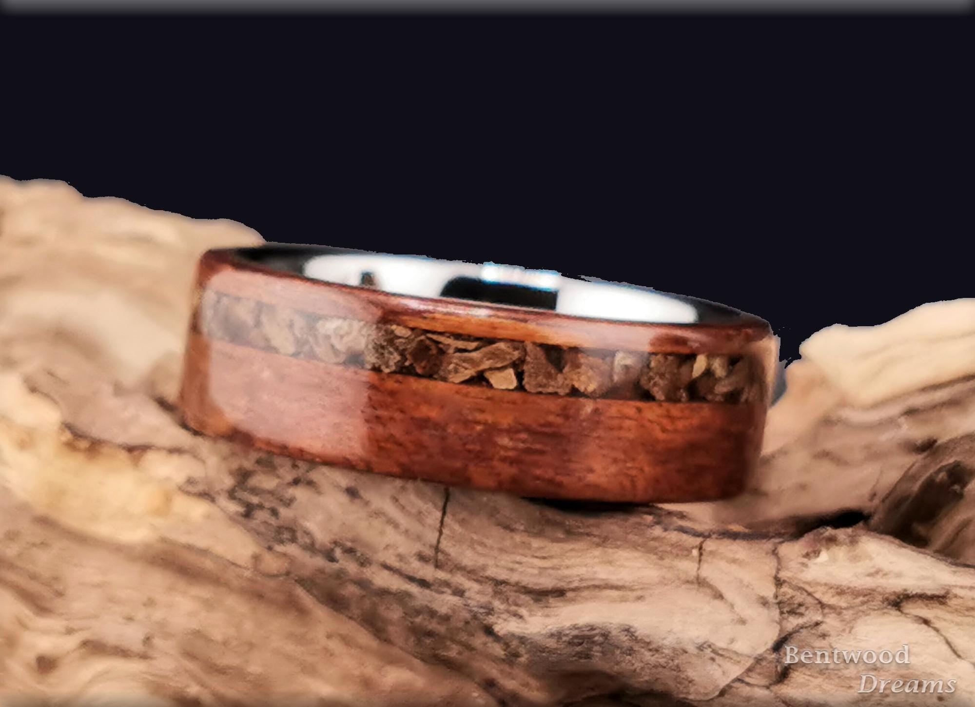 Bentwood Ring: Goncalo Alves, Velociraptor Bone, Polished Tungsten Carbide core