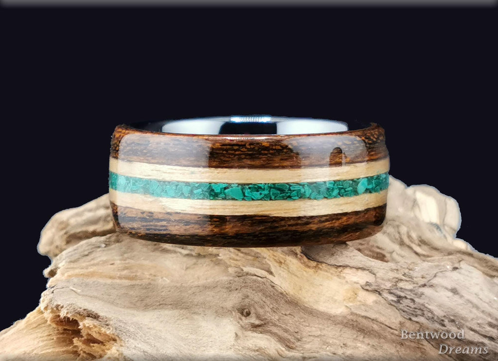 Bentwood Ring: Bocote, inlaid Chestnut and Green Malachite, Black Ceramic core