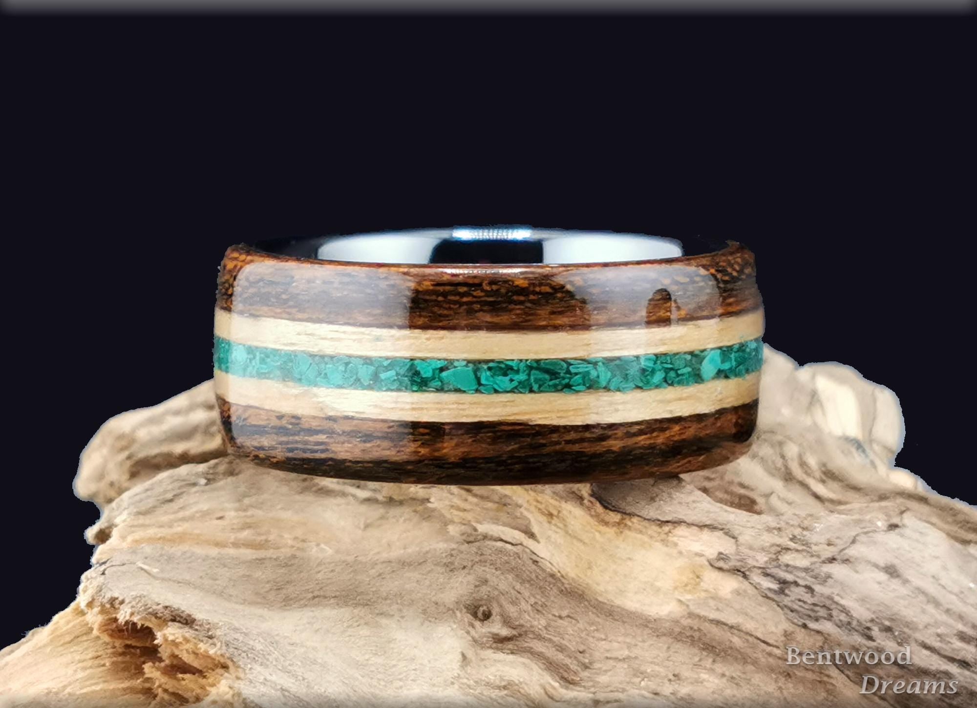 Bentwood Ring: Bocote, inlaid Chestnut and Green Malachite, Black Ceramic core, Quick Ship