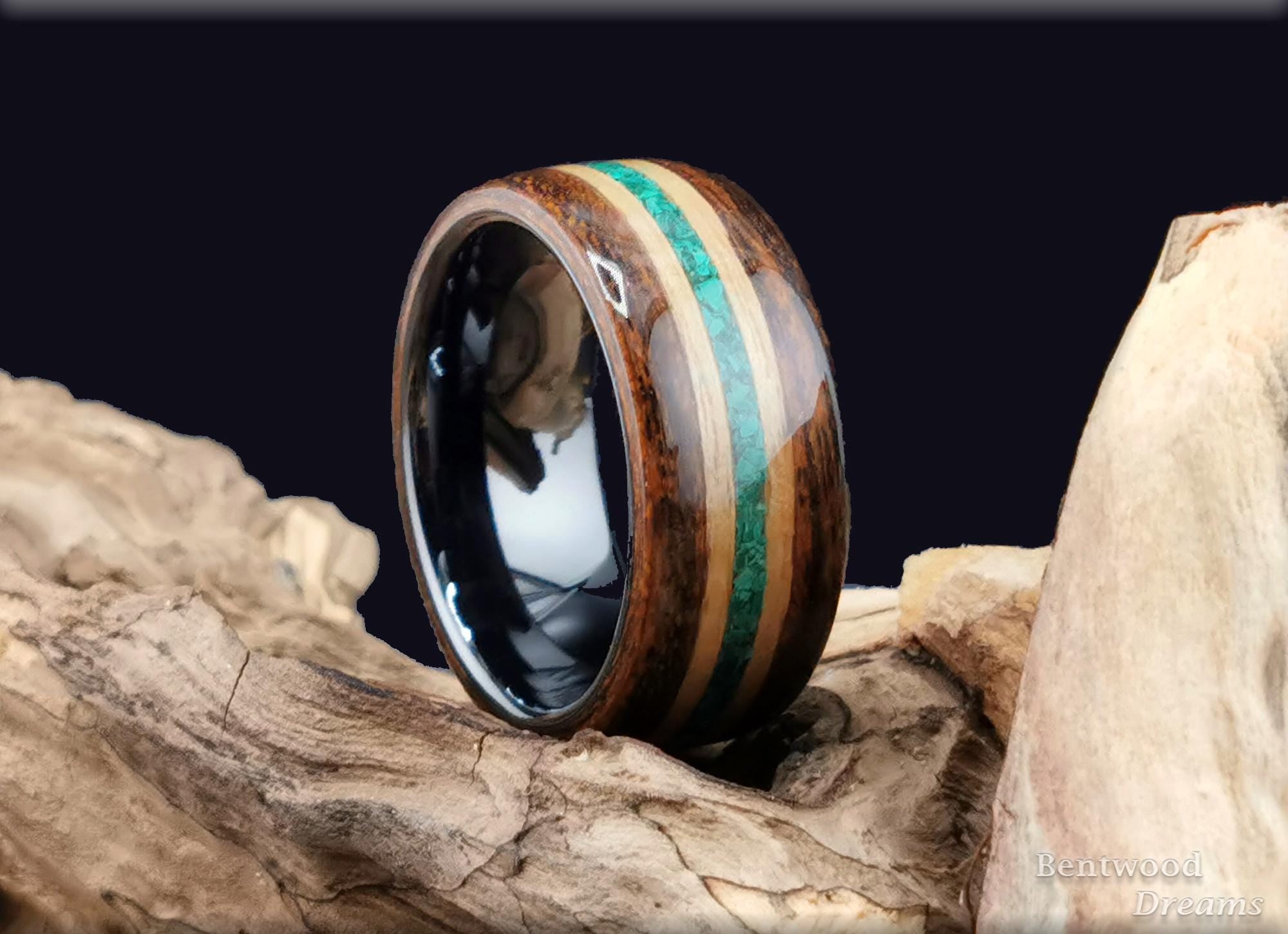 Bentwood Ring: Bocote, inlaid Chestnut and Green Malachite, Black Ceramic core
