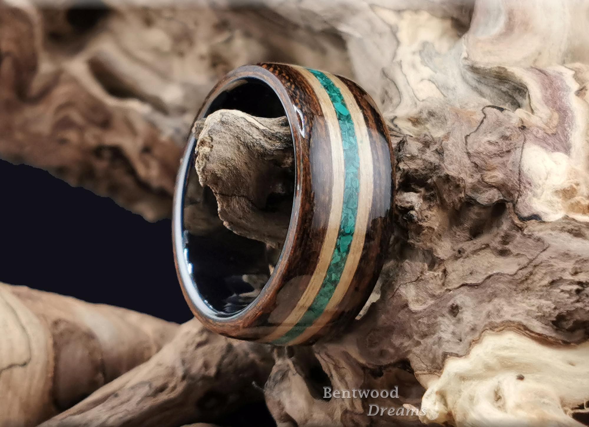 Bentwood Ring: Bocote, inlaid Chestnut and Green Malachite, Black Ceramic core