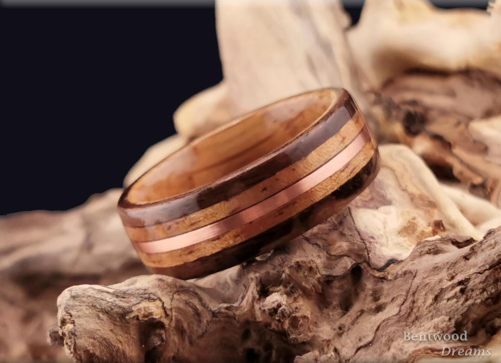 Bentwood Ring: Claro Walnut Burl, inlaid Koa and Copper Wire, Whisky Barrel core