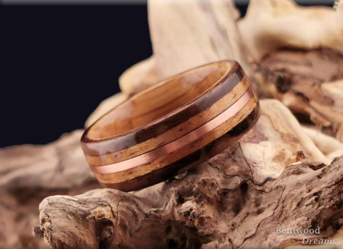 Bentwood Ring: Claro Walnut Burl, inlaid Koa and Copper Wire, Whisky Barrel core