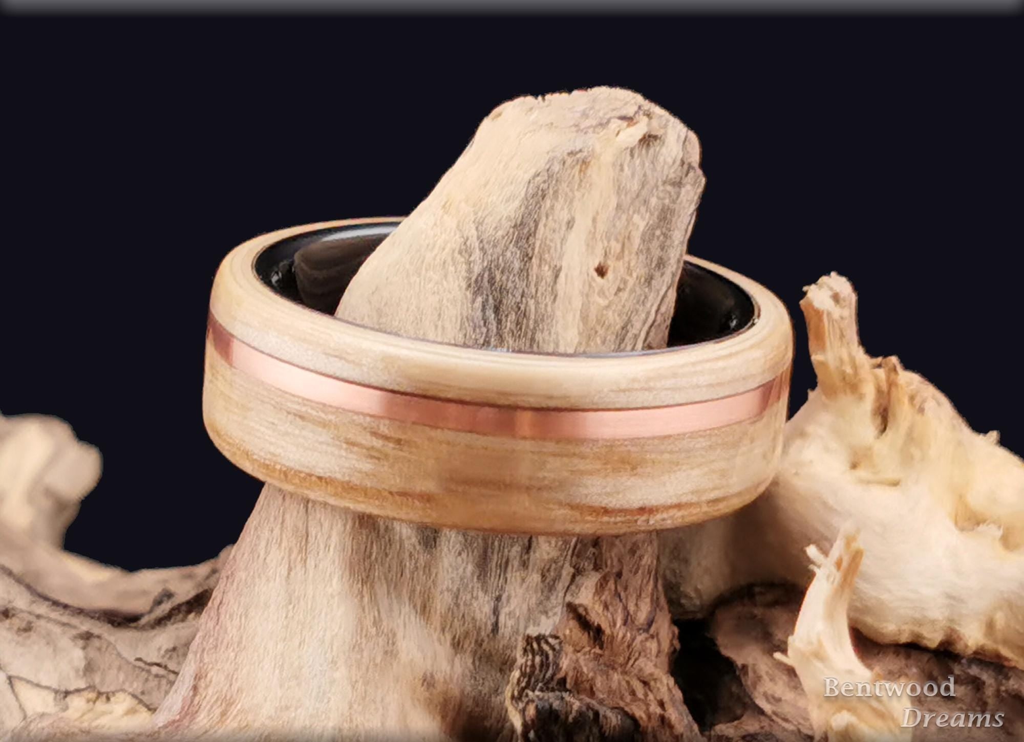 Bentwood Ring: Olive Ash, offset inlaid Copper Wire, polished Black Ceramic core