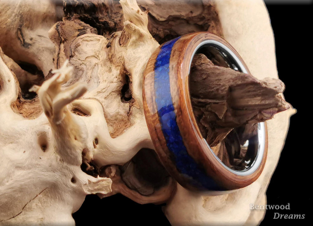 Bentwood Ring: Etimoe, inlaid Azurite, Tungsten Carbide core, 'Azurite Creek'