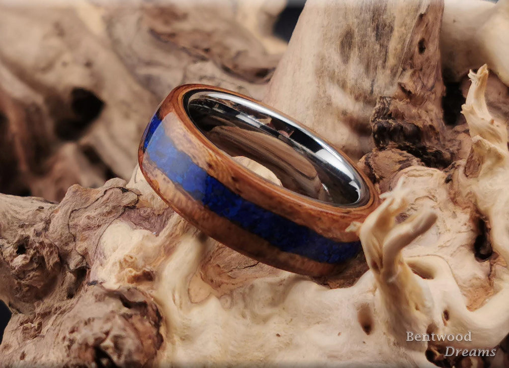 Bentwood Ring: Etimoe, inlaid Azurite, Tungsten Carbide core, 'Azurite Creek'