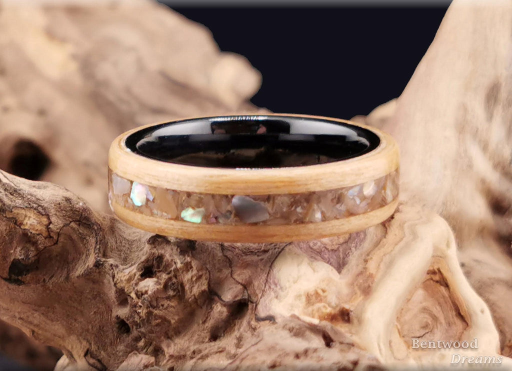 Bentwood Ring: Swiss Aspen, inlaid Silver Abalone, Polished Black Ceramic core