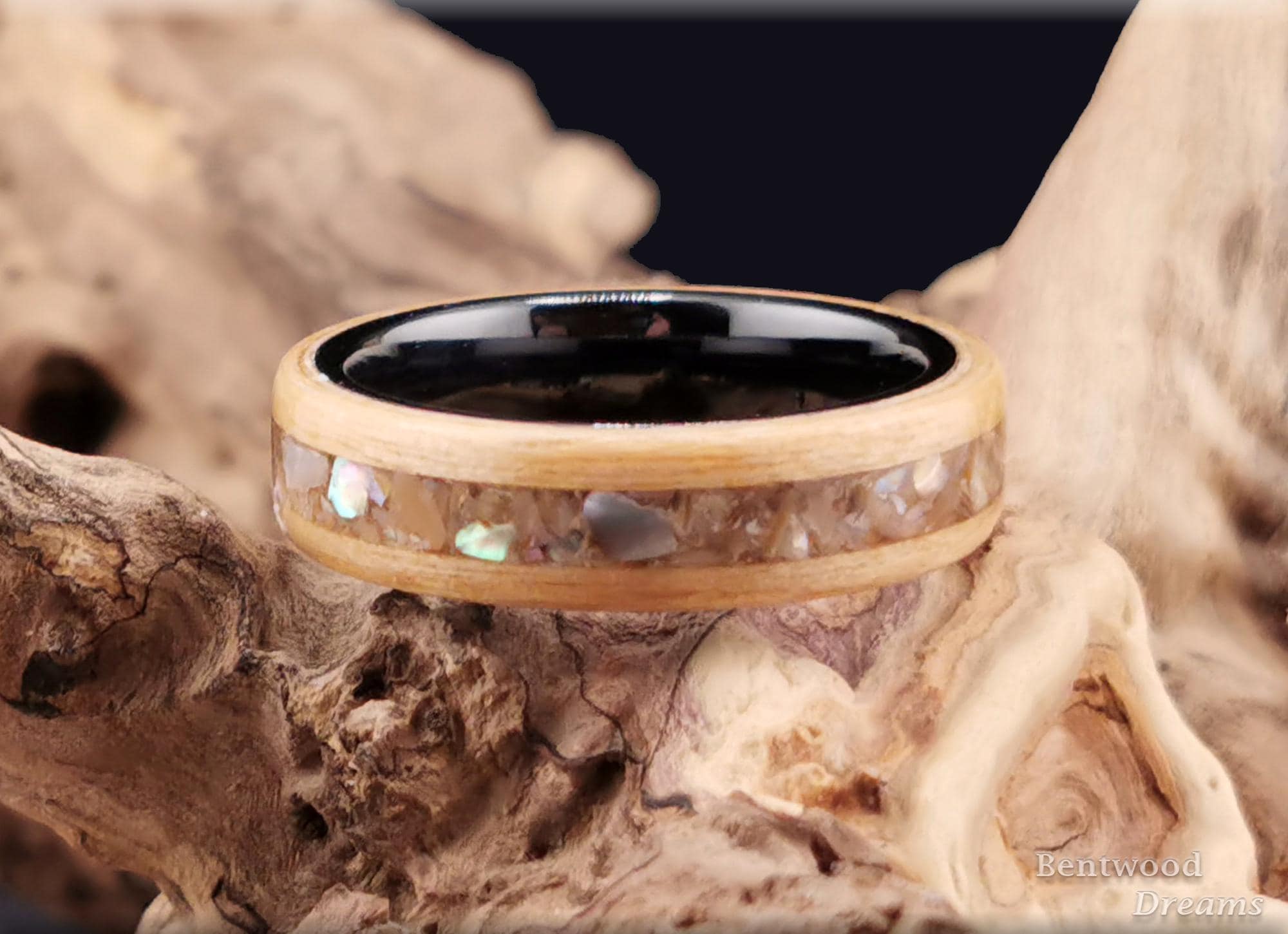 Bentwood Ring: Swiss Aspen, inlaid Silver Abalone, Polished Black Ceramic core