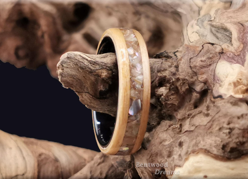 Bentwood Ring: Swiss Aspen, inlaid Silver Abalone, Polished Black Ceramic core