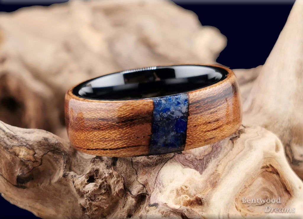 Bentwood Ring: Tiger Etimoe, crosscut inlaid Afghanite, Black Ceramic Core, wood ring