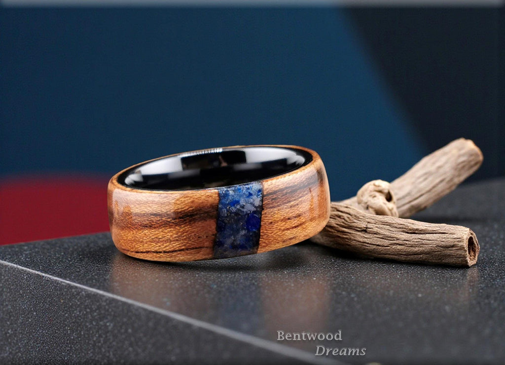 Bentwood Ring: Tiger Etimoe, crosscut inlaid Afghanite, Black Ceramic Core, wood ring
