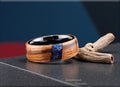 Bentwood Ring: Tiger Etimoe, crosscut inlaid Afghanite, Black Ceramic Core, wood ring