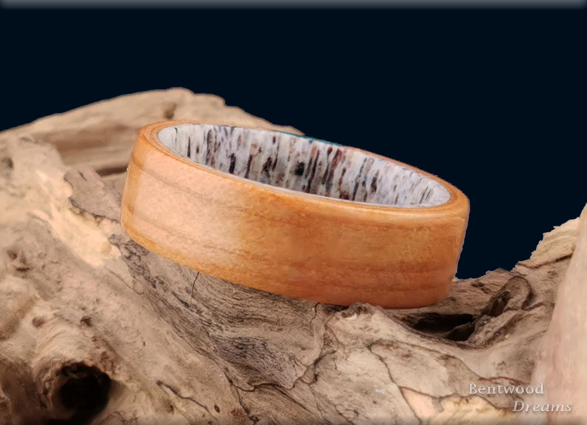 Bentwood Ring: Eurpean Larch, crosscut inlaid Malachite, Deer Antler core, wood ring
