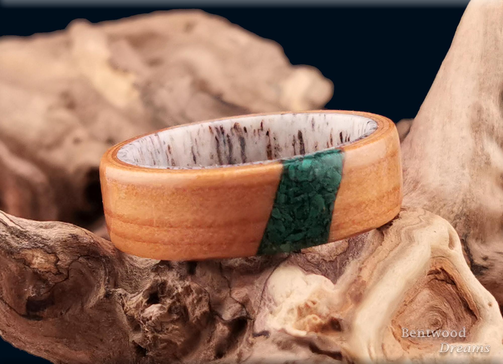 Bentwood Ring: Eurpean Larch, crosscut inlaid Malachite, Deer Antler core, wood ring