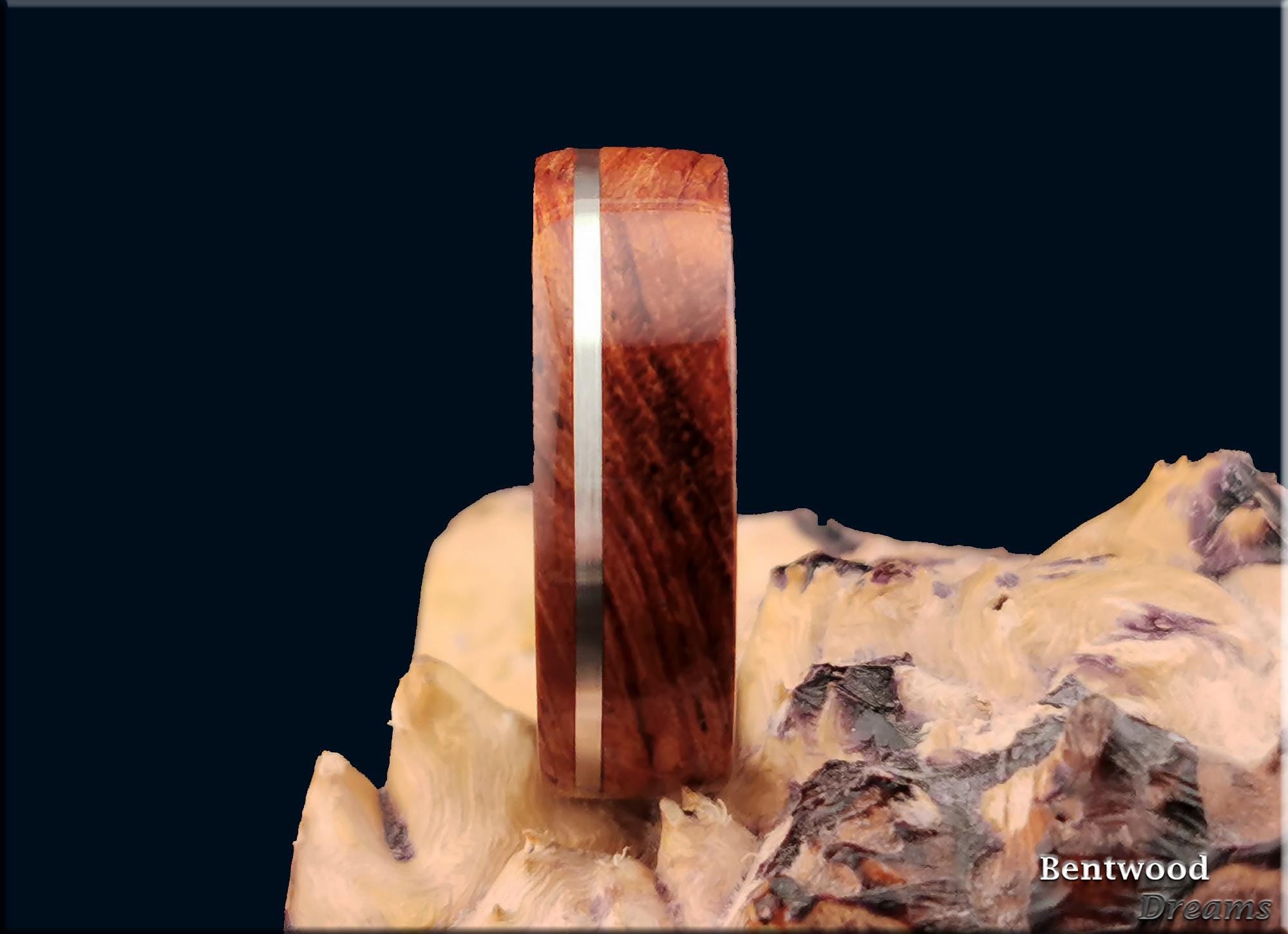 Bentwood Ring: Waterfall Bubinga, offset inlaid Sterling Silver wire, Damascus Steel core, wood ring