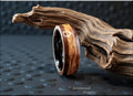 Bentwood Ring: Walnut Burl, inlaid Marbled Zebrano, Polished Black Ceramic core, wood ring
