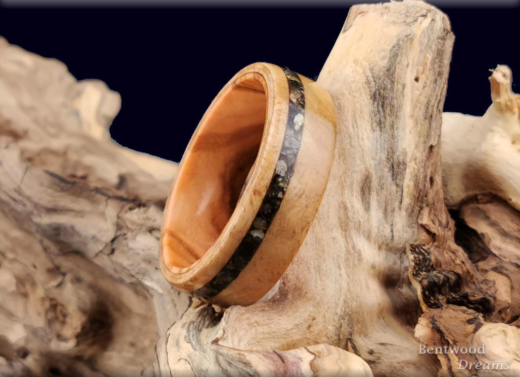 Bentwood Ring: Rare Myrtle Burl, offset inlaid Impactite, Olivewood core
