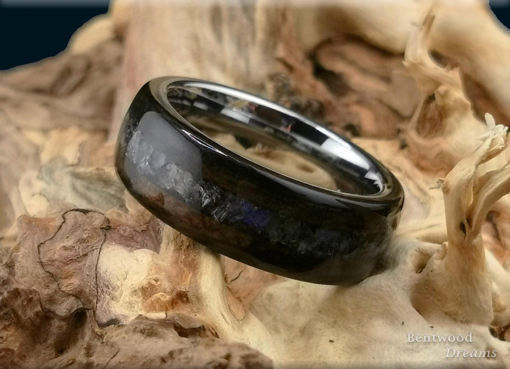 Bentwood Ring: Ziricote, inlaid Labradorite, Tungsten Carbide core, Artisan ring