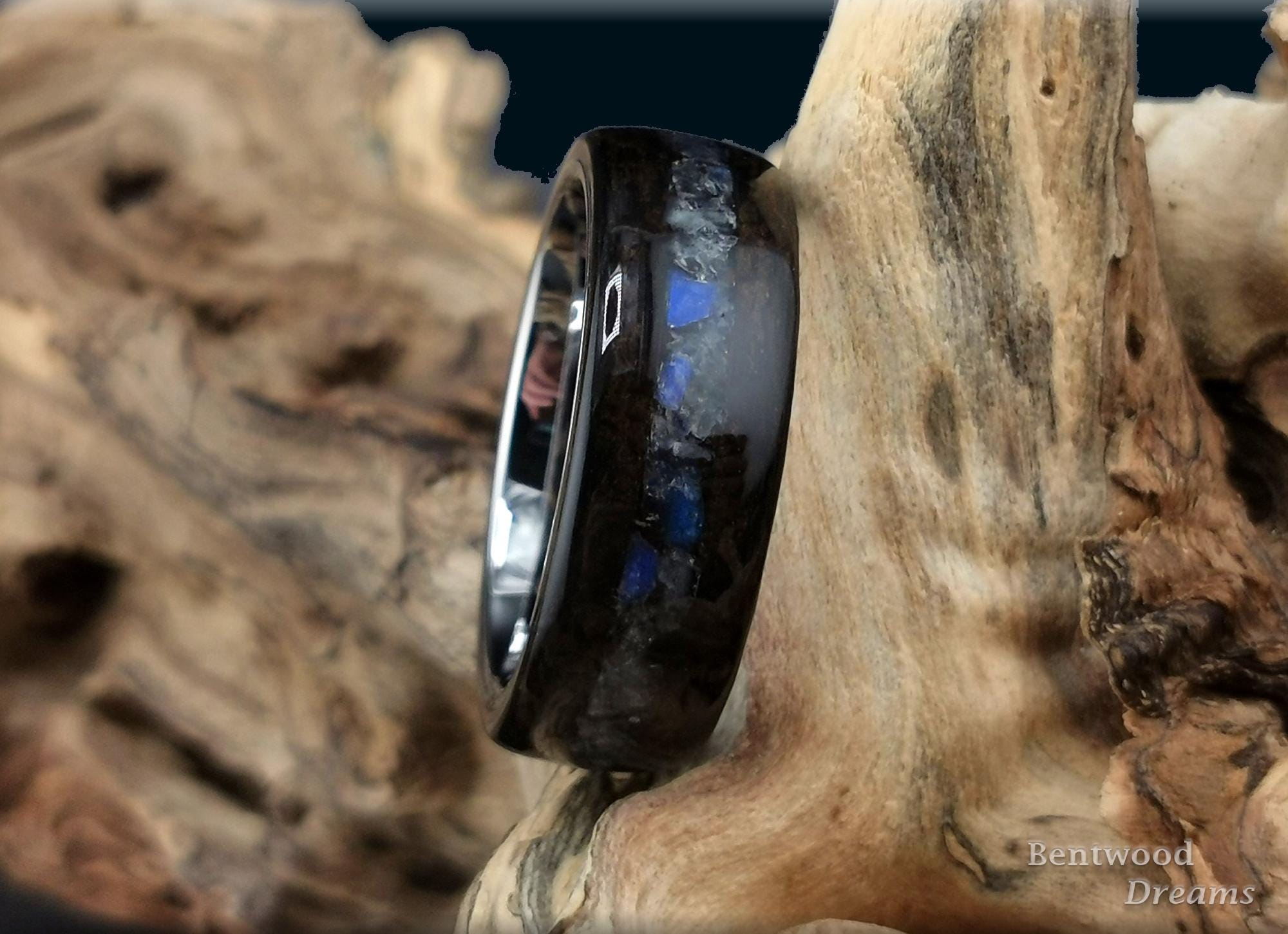 Bentwood Ring: Ziricote, inlaid Labradorite, Tungsten Carbide core, Quick Ship