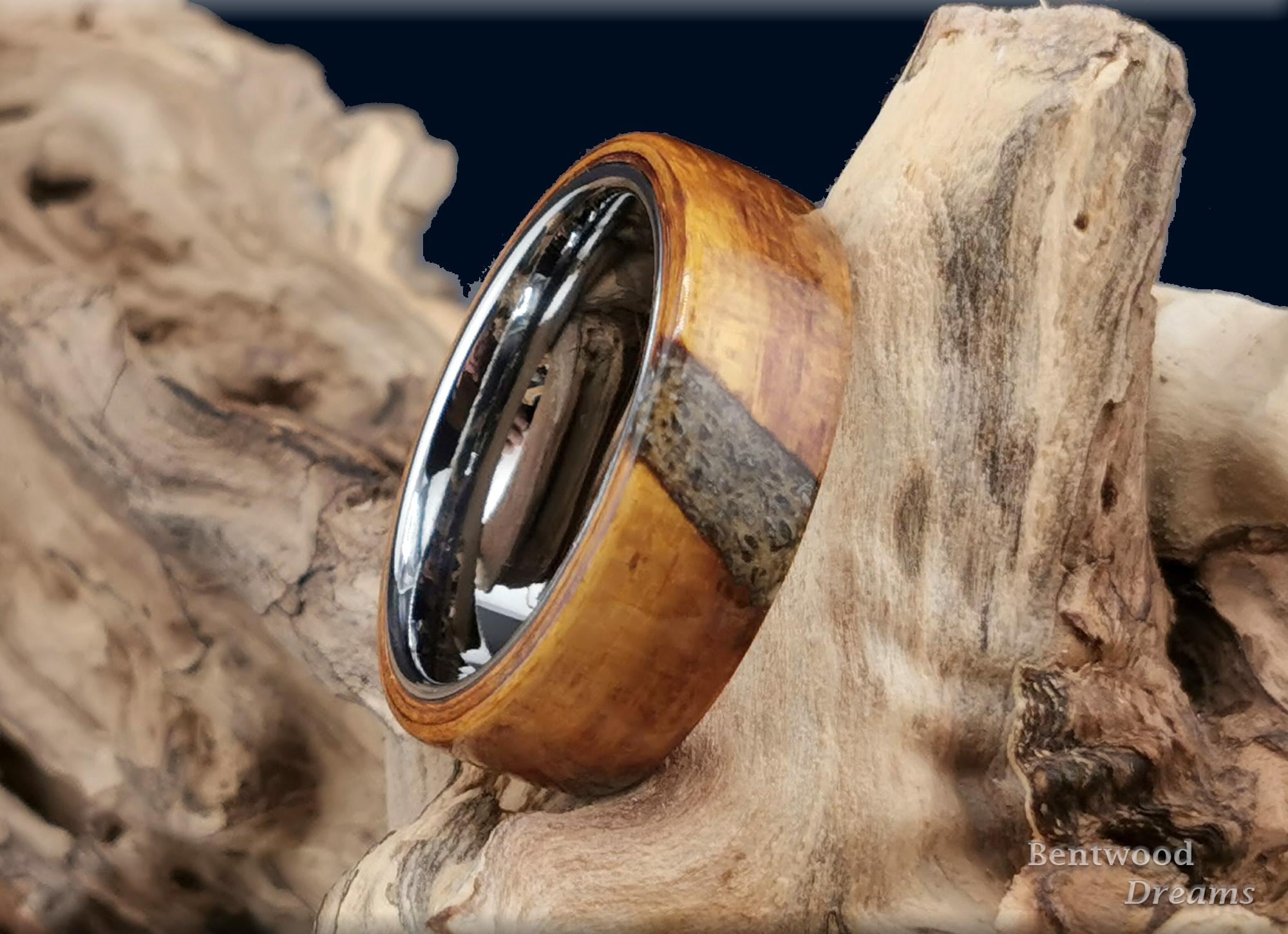 Bentwood Ring: Ako, crosscut inlaid Bison Antiquus Bone, Polished Tungsten Carbide core, wood ring