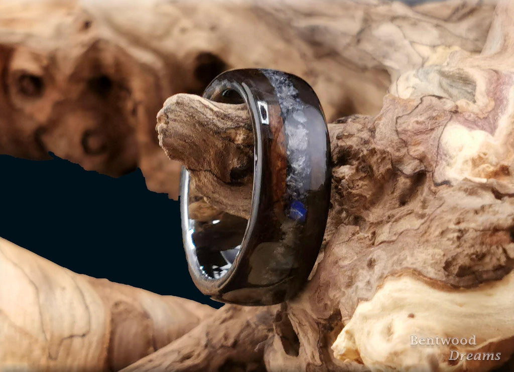 Bentwood Ring: Ziricote, inlaid Labradorite, Tungsten Carbide core, Quick Ship