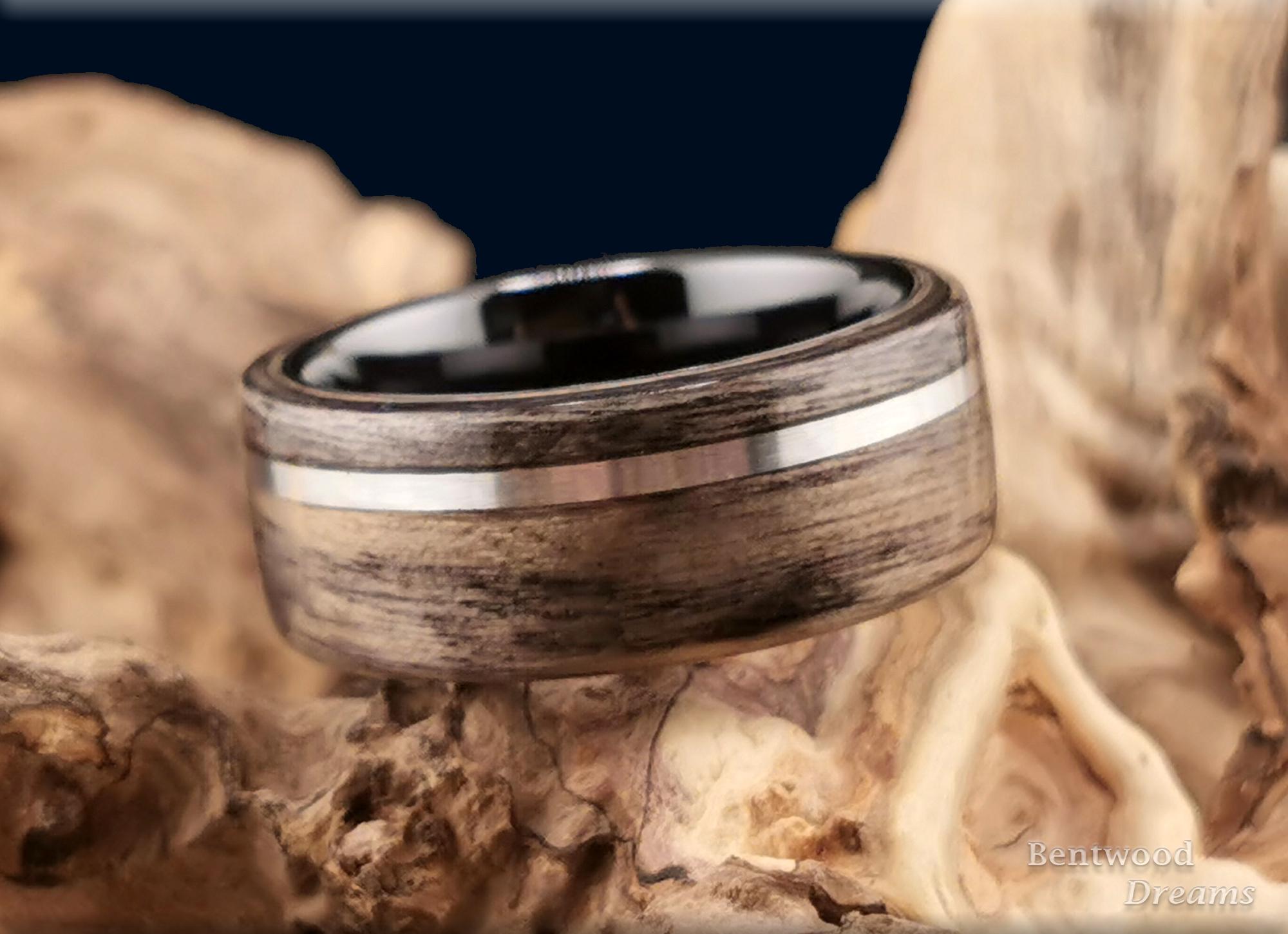 Bentwood Ring: Harborica, offset inlaid Silver Wire, Black Ceramic core, wood ring