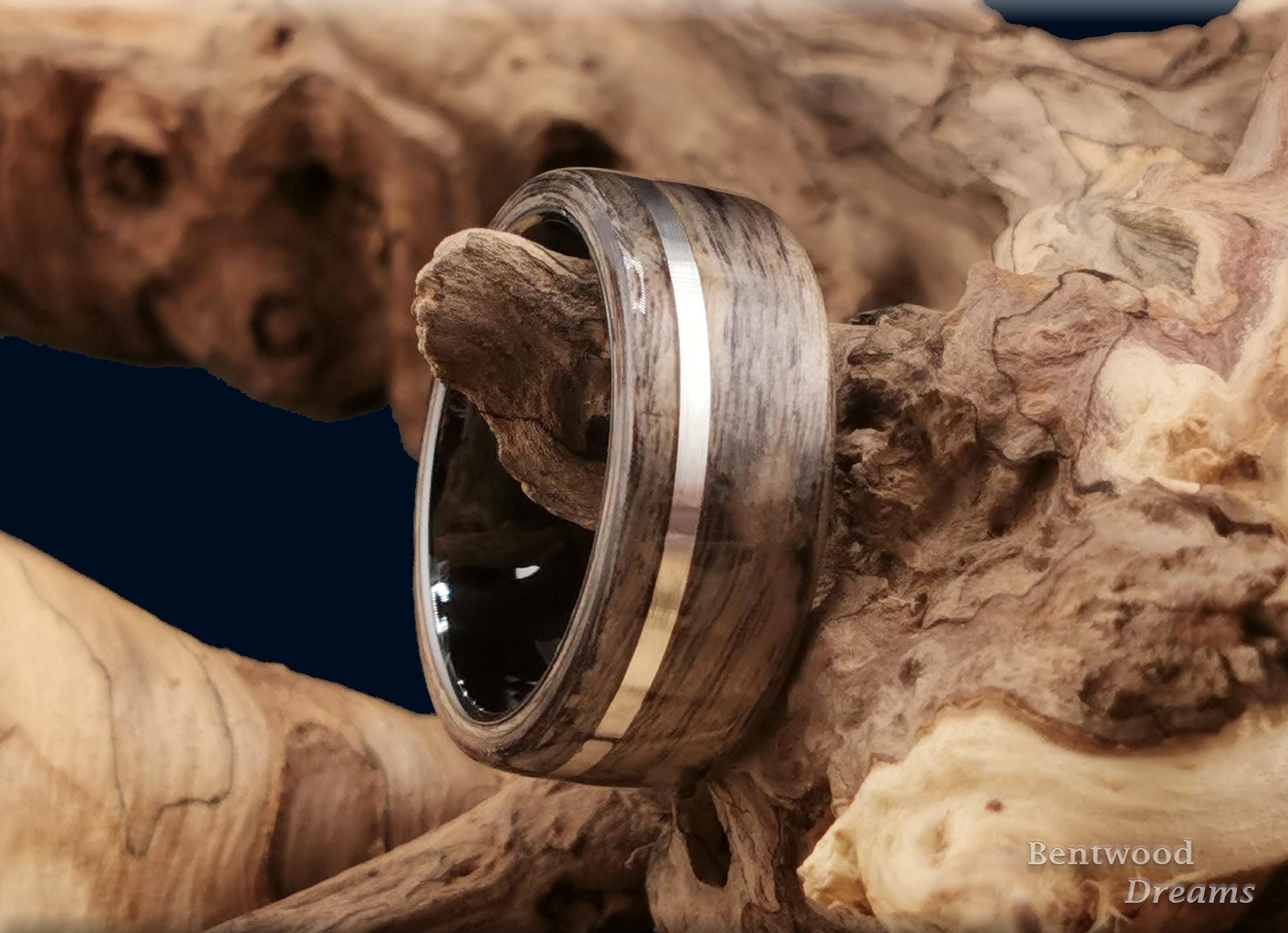 Bentwood Ring: Harborica, offset inlaid Silver Wire, Black Ceramic core, wood ring
