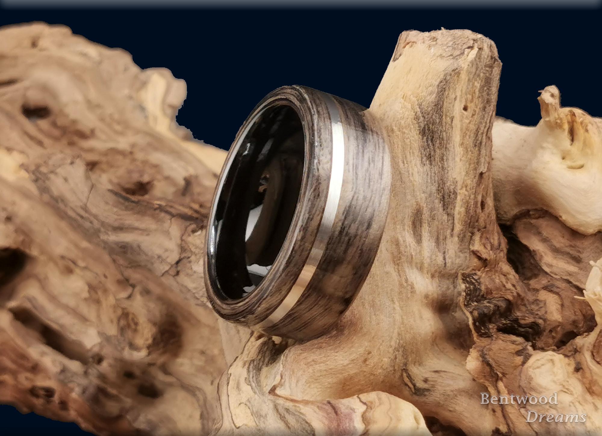 Bentwood Ring: Harborica, offset inlaid Silver Wire, Black Ceramic core, wood ring
