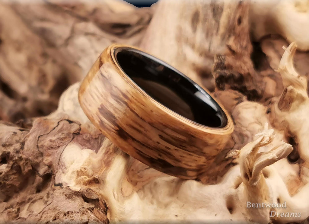 Bentwood Ring: Marbled Zebrano, 10mm Black Ceramic core, wood ring
