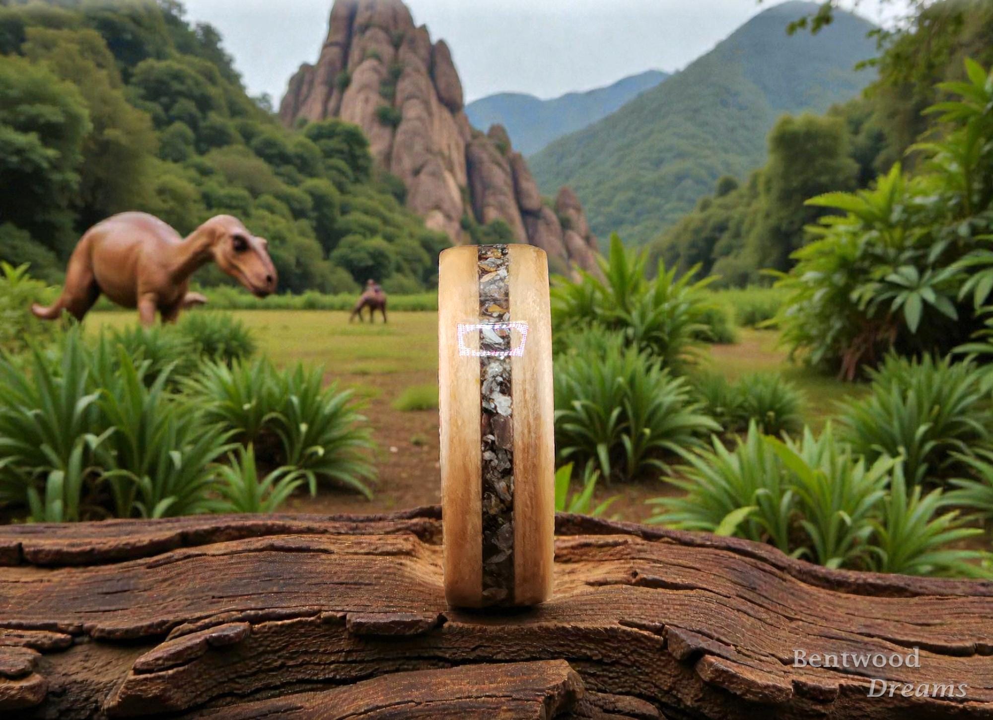 Bentwood Ring: Red Gum, inlaid Allosaurus Bone, Deer Antler core, Quick Ship