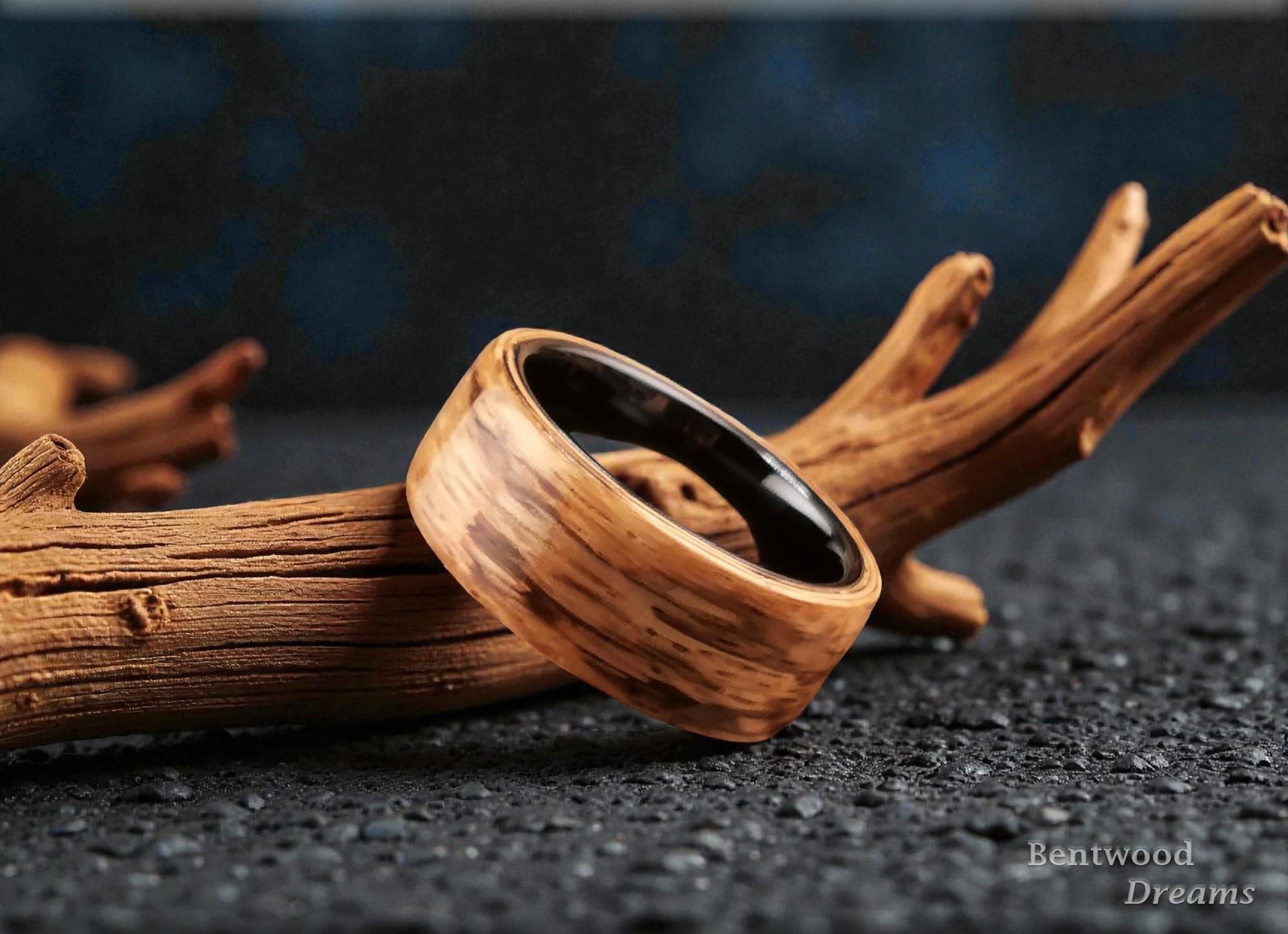 Bentwood Ring: Marbled Zebrano, 10mm Black Ceramic core, wood ring
