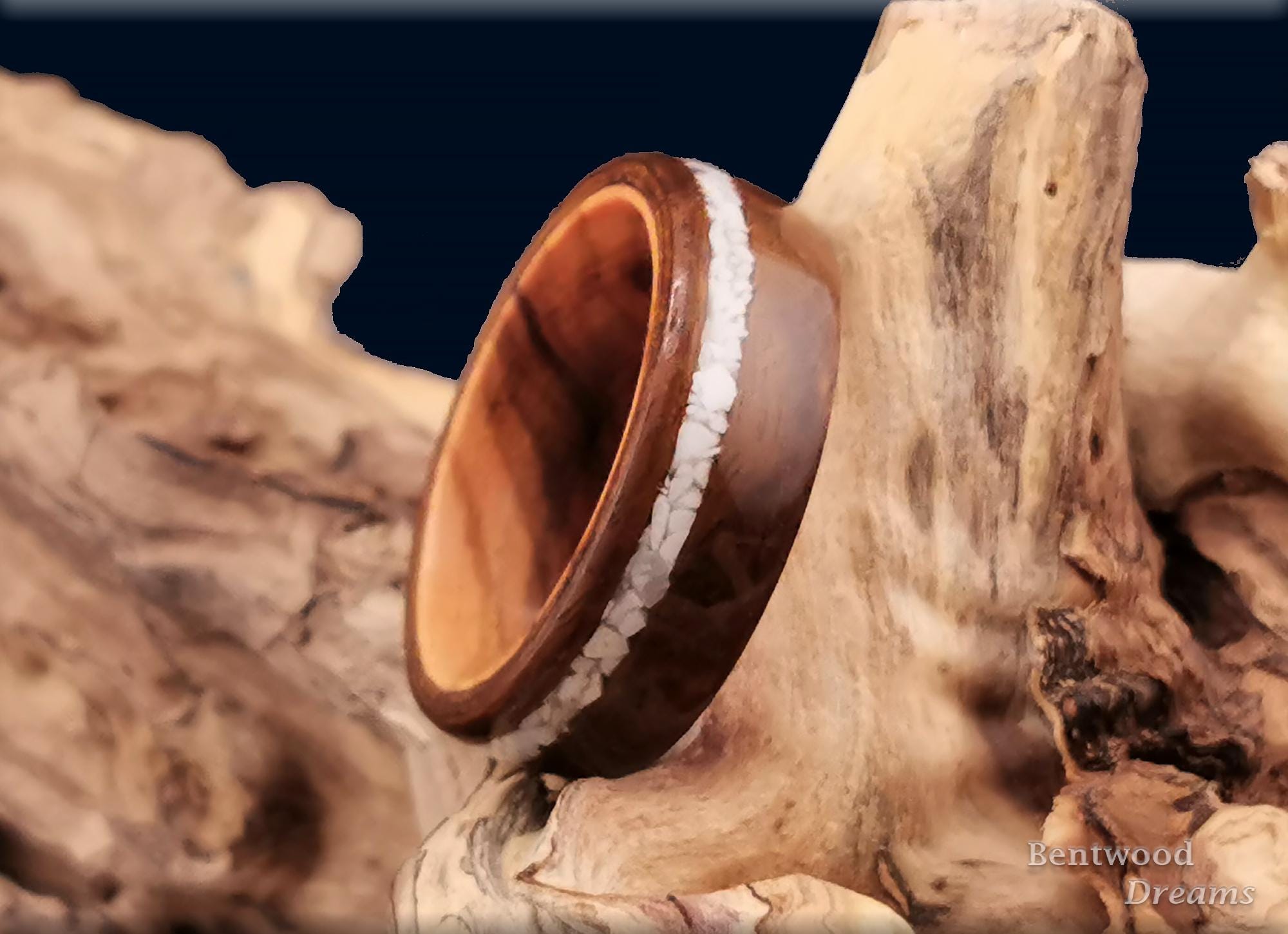 Bentwood Ring: Imbuya Pommele, offset inlaid Howlite, Olivewood core, Artisan ring