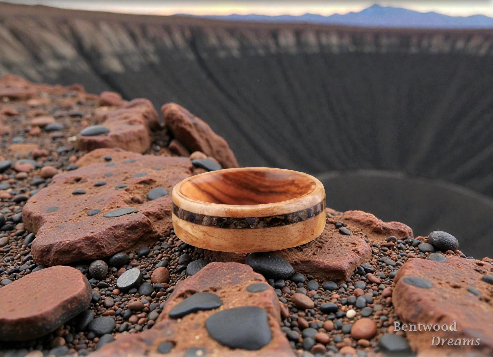Bentwood Ring: Rare Myrtle Burl, offset inlaid Impactite, Olivewood core, Quick Ship