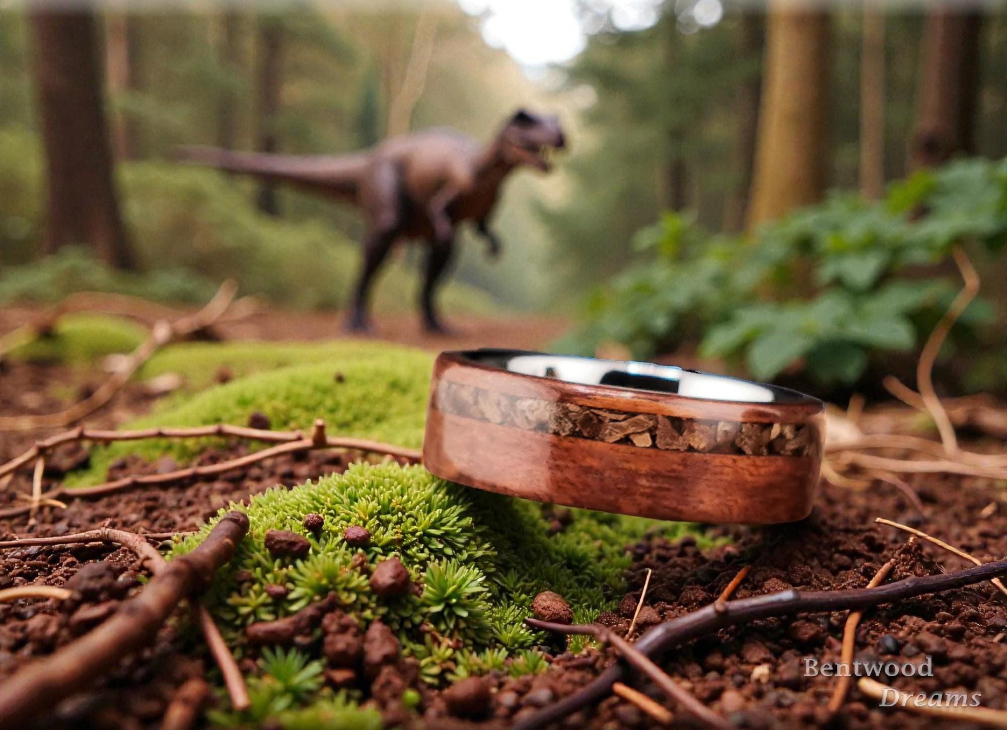 Bentwood Ring: Goncalo Alves, Velociraptor Bone, Polished Tungsten Carbide core