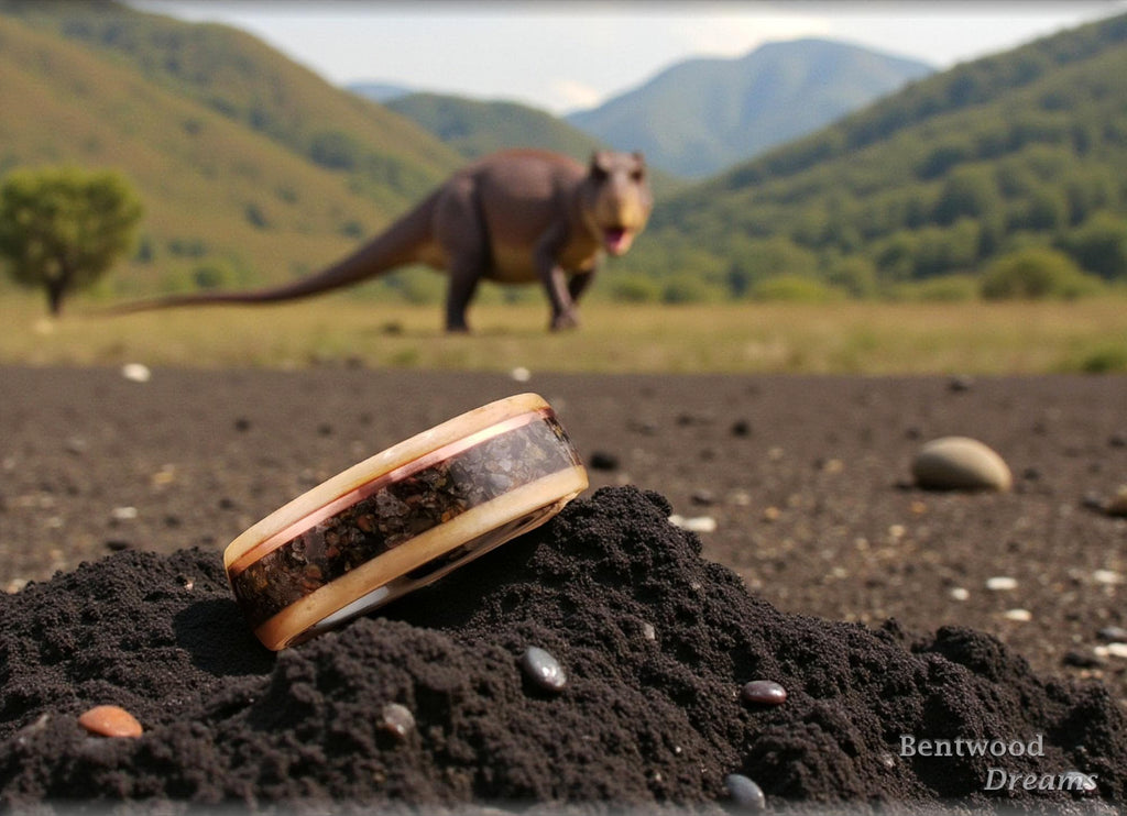 Bentwood Ring: Rare Birdseye Pine, Allosaurus Bone and Copper Wire, Ceramic Core