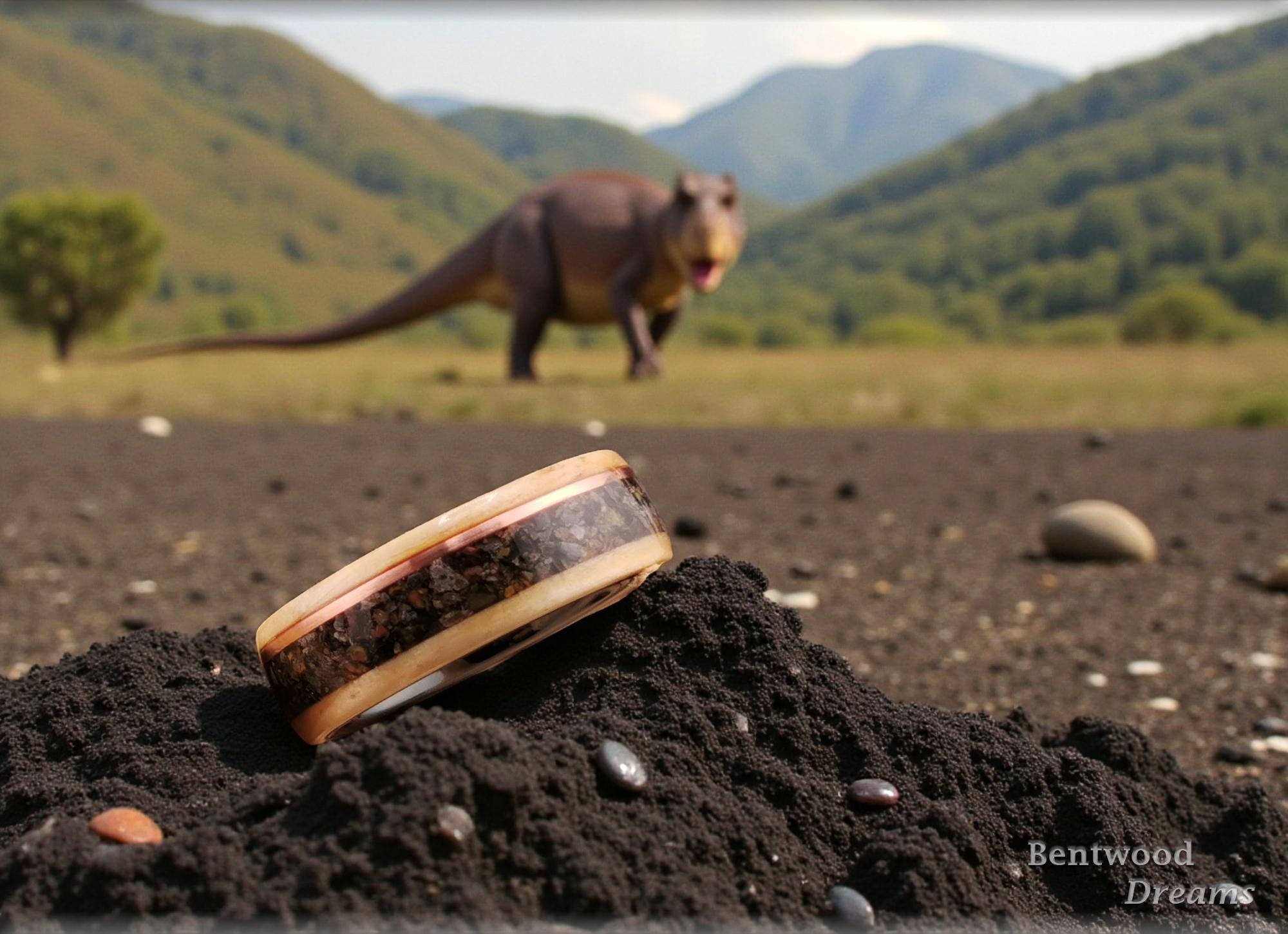 Bentwood Ring: Rare Birdseye Pine, Allosaurus Bone and Copper Wire, Black Ceramic, Quick Ship