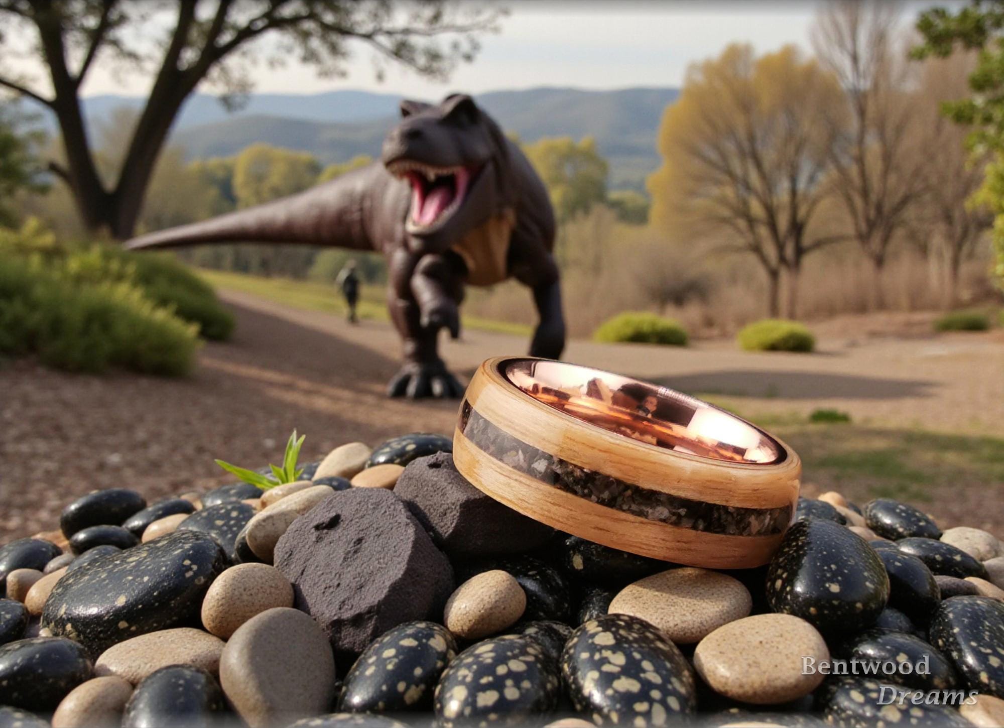 Bentwood Ring: Rustic Chestnut, inlaid Allosaurus Bone, Polished Copper core, Quick Ship