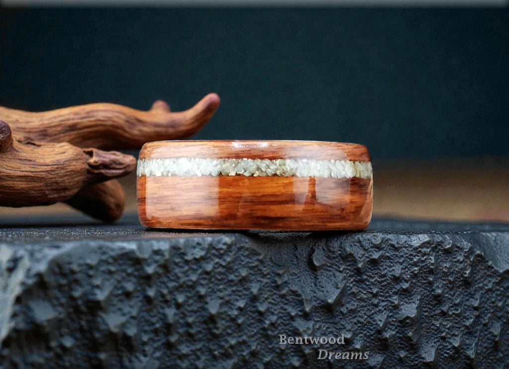 Bentwood Ring: Santos Rosewood, offset inlaid Irish Connemara Marble, Titanium core, wood ring