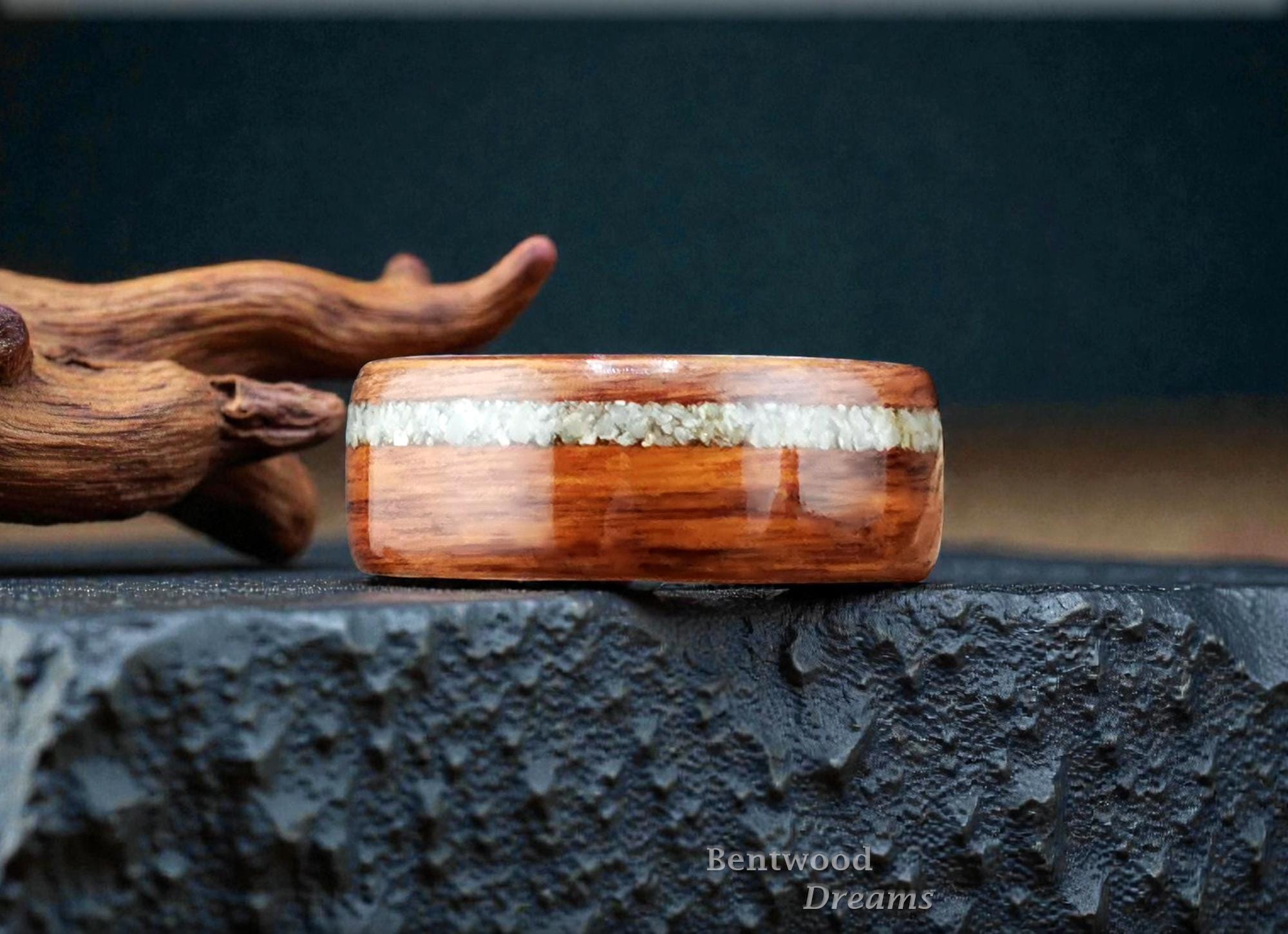 Bentwood Ring: Santos Rosewood, offset inlaid Irish Connemara Marble, Titanium core, wood ring