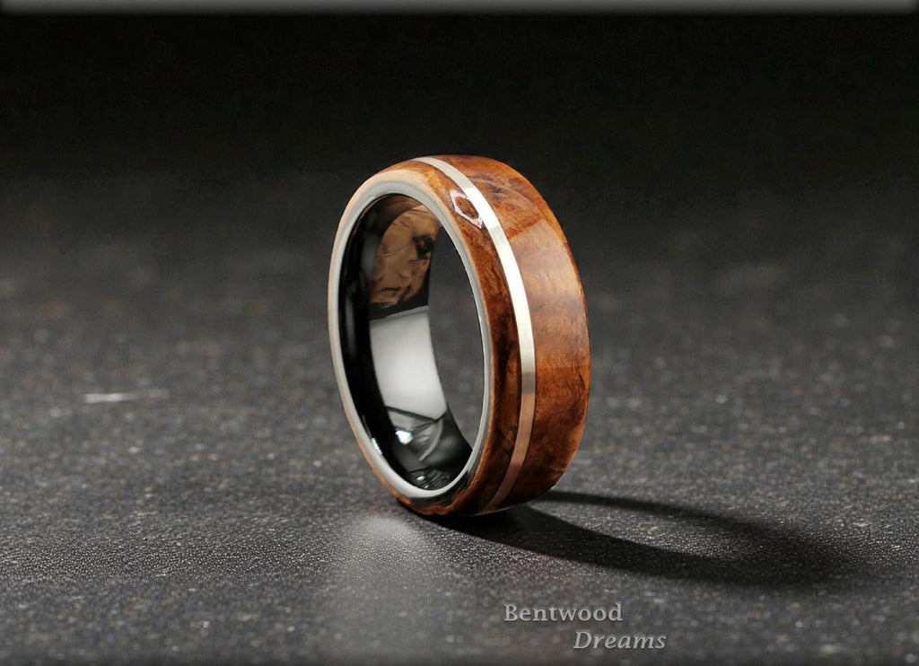 Bentwood Ring: English Chestnut Burl, offset inlaid Sterling Silver, Polished Black Ceramic core