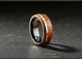 Bentwood Ring: English Chestnut Burl, offset inlaid Sterling Silver, Polished Black Ceramic core